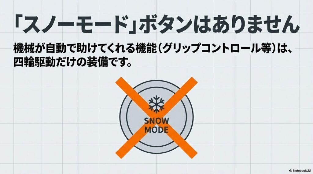 4WDには搭載されているが2WDには存在しない、雪道用のスノーモードやグリップコントロールボタンの解説。