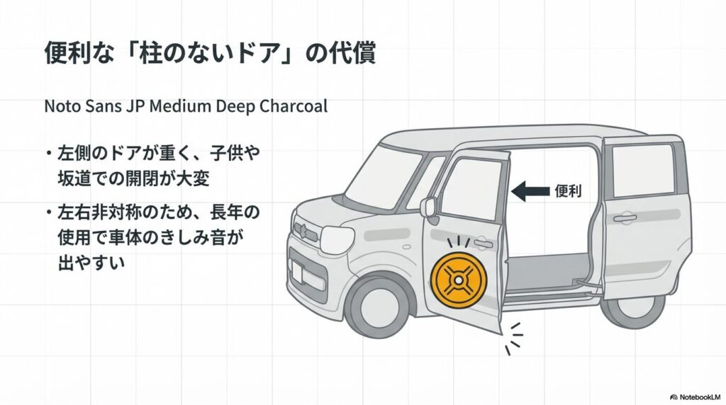 タントのピラーレス構造による左側ドアの重さときしみ音のリスク解説