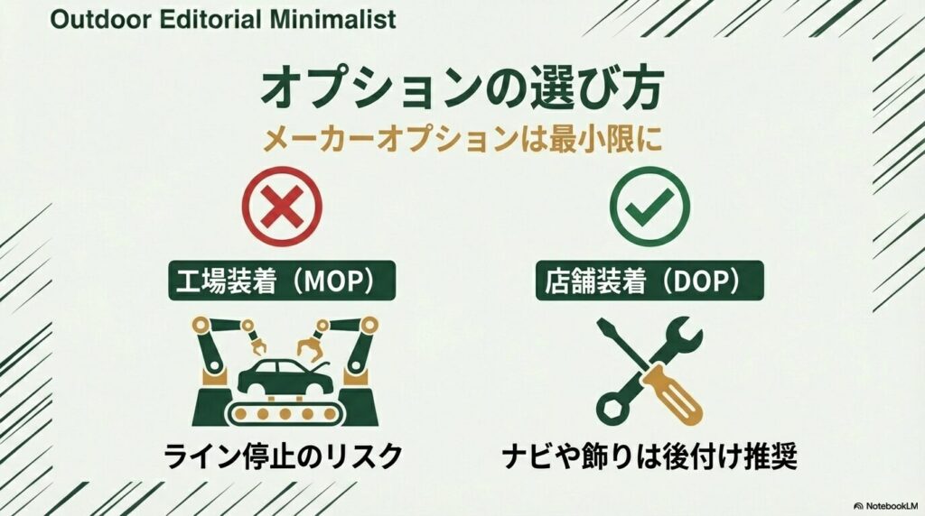 工場装着オプションを最小限にし、店舗装着オプションを活用してライン停止リスクを下げる方法。