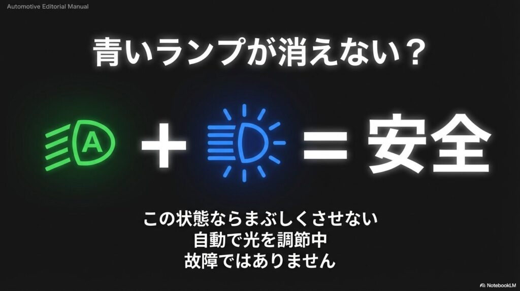 タフトのメーターに表示される緑のAマークと青いハイビームマークが点灯している際の状態説明