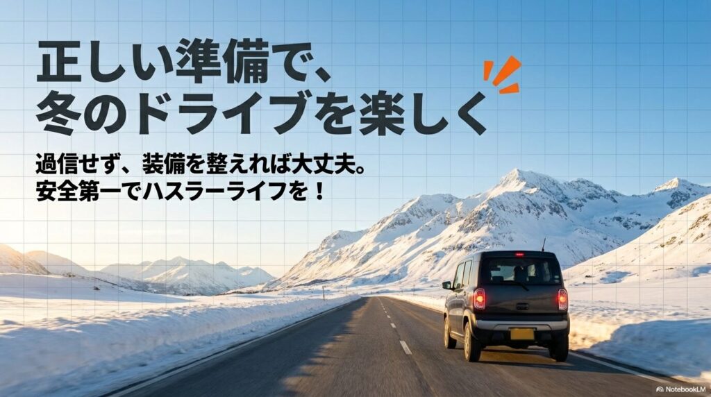 準備を整えて冬のドライブを楽しむことを促す、ハスラーオーナーへのメッセージスライド