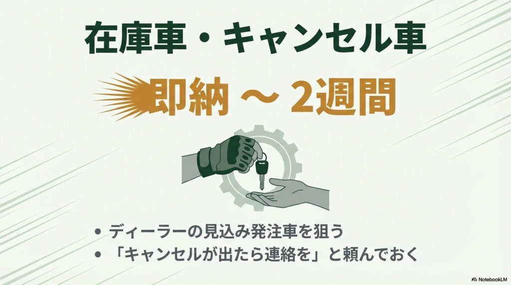 ディーラーの見込み発注車やキャンセル車を狙うことで即納から2週間での納車が可能になるコツ