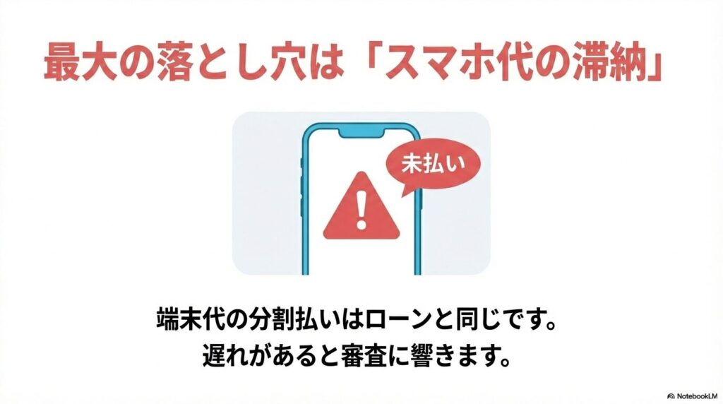 携帯電話端末の分割払いはローンと同じであり、未払いがあると審査に響くことを警告するスライド