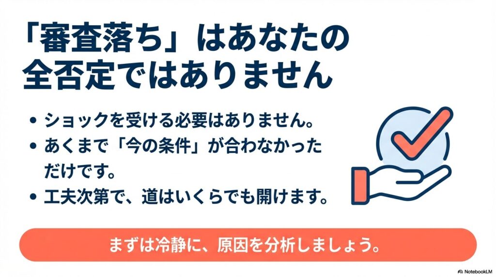 審査落ちは今の条件が合わなかっただけであり、冷静に原因を分析して工夫することで道が開けることを説明するスライド