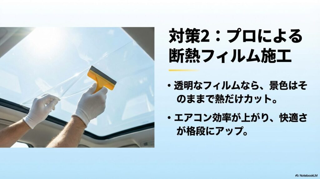 ガラスルーフに透明な断熱フィルムを施工している様子。視界を遮らずに熱だけをカットする対策