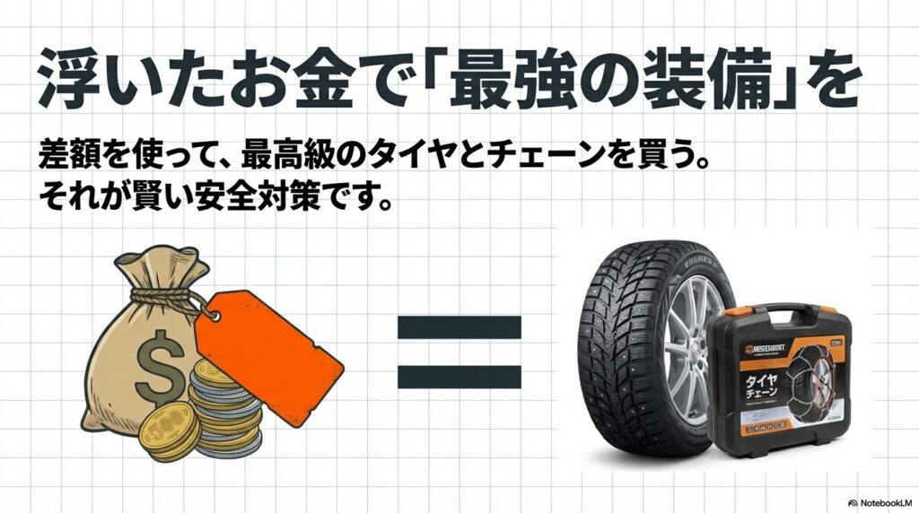 2WDで浮いた予算を使い、最高級のスタッドレスタイヤとチェーンを購入する賢い安全対策の提案。