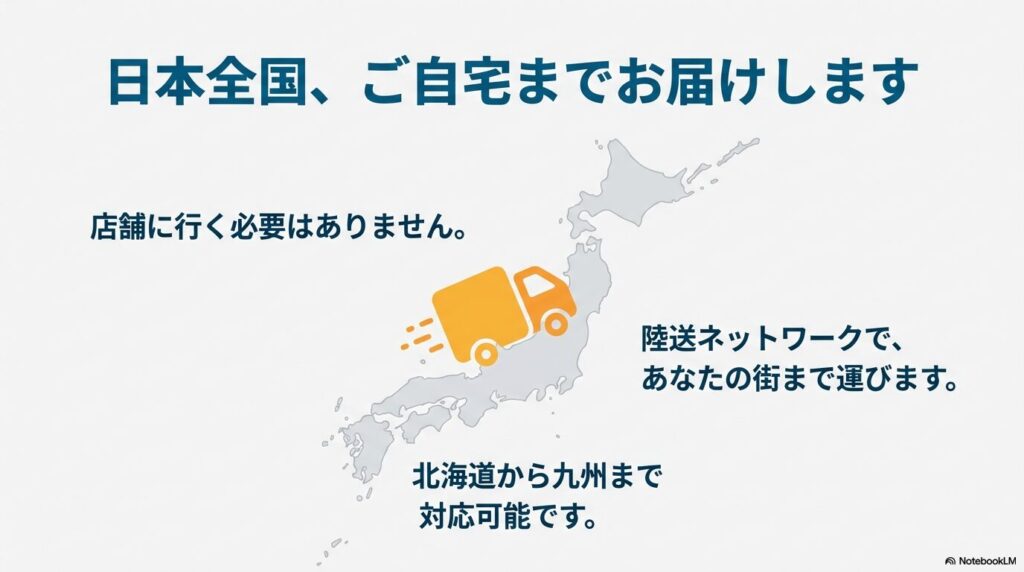 北海道から九州まで対応可能な陸送ネットワークを説明する地図画像