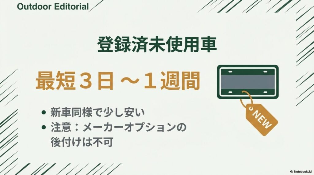 新車同様の登録済未使用車なら最短3日から1週間で納車可能であることを説明する画像