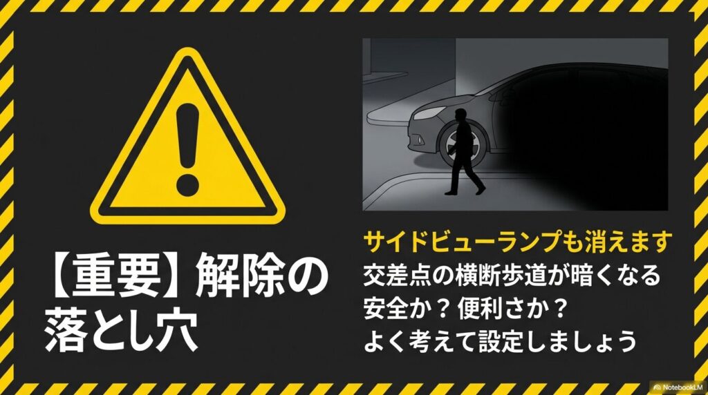 自動機能を解除すると交差点の横断歩道付近が暗くなるリスクの説明イラスト