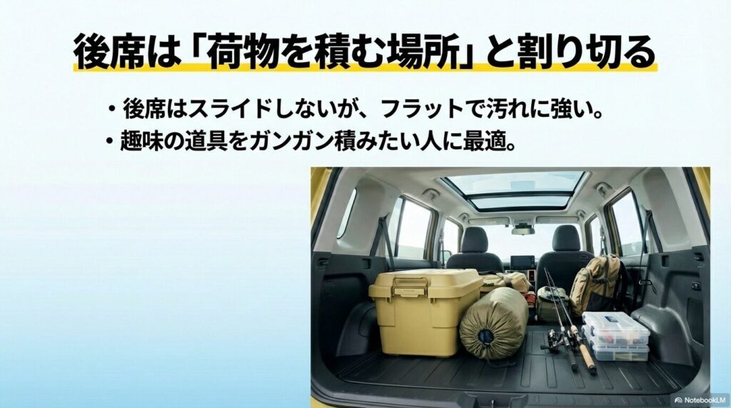 タフトの後席を倒してフラットにした状態。キャンプ道具や釣具が積み込まれた汚れに強いプラスチック素材の荷室