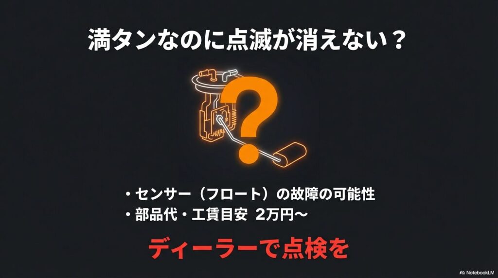ガソリンを満タンにしても点滅が消えない場合は燃料センサー（フロート）故障の可能性があり、修理費用の目安が2万円からであることを示すスライド