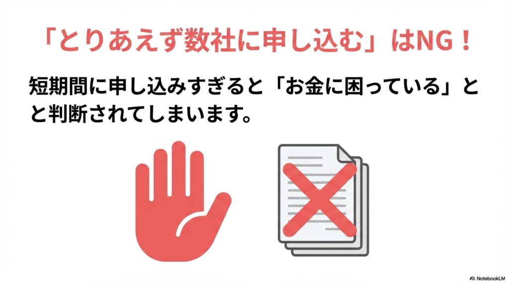 短期間に複数社へ申し込むと「お金に困っている」と判断されるリスクを解説したスライド
