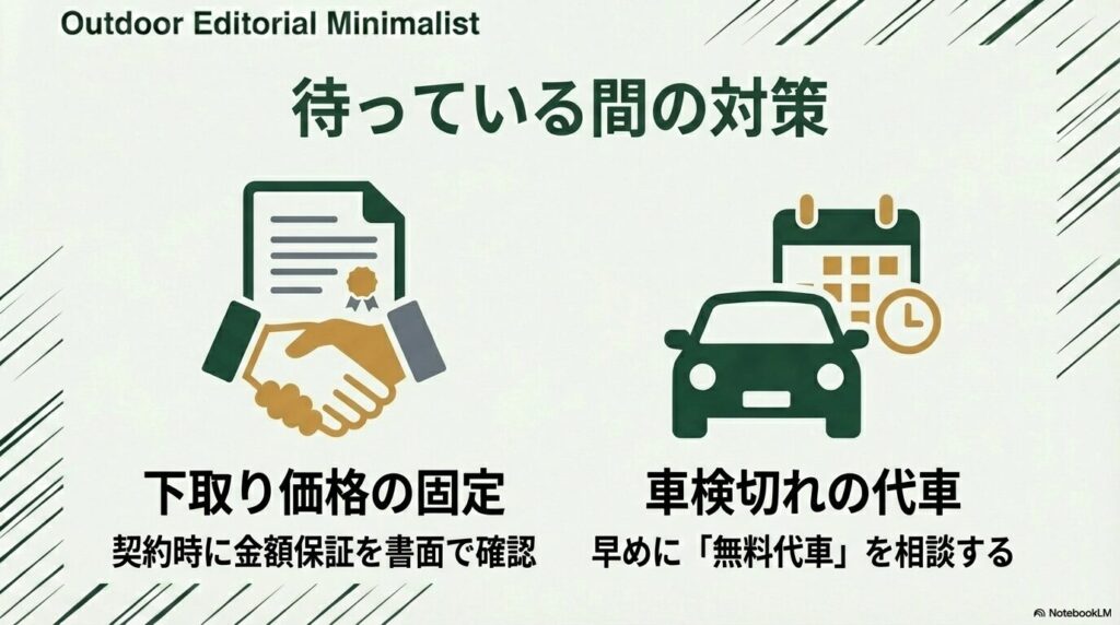 下取り価格の書面保証や、車検切れの際の無料代車相談についてのアドバイス。