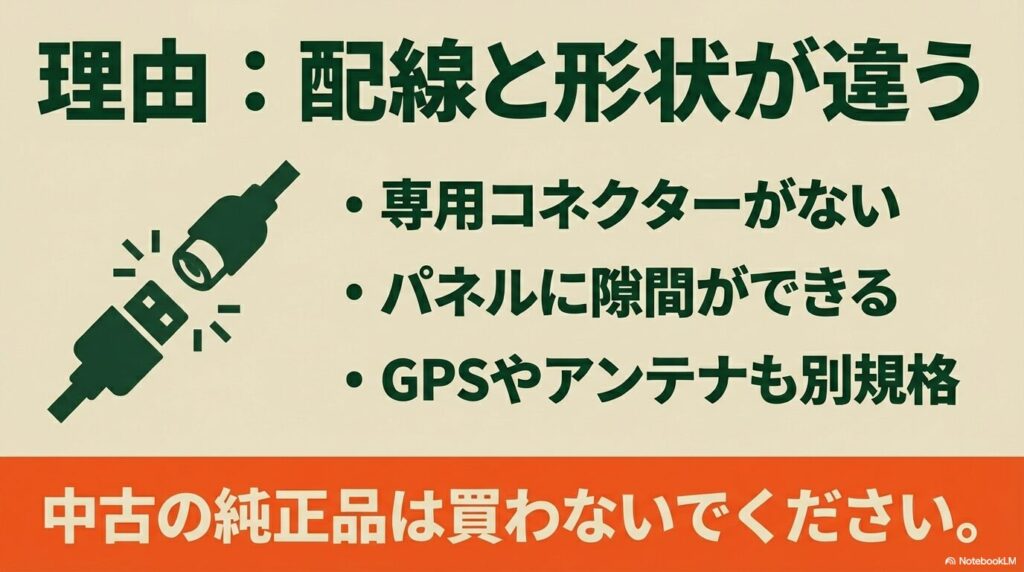 専用コネクターの欠如やパネルの隙間、アンテナ規格の違いなど、純正品が後付けできない理由のリスト