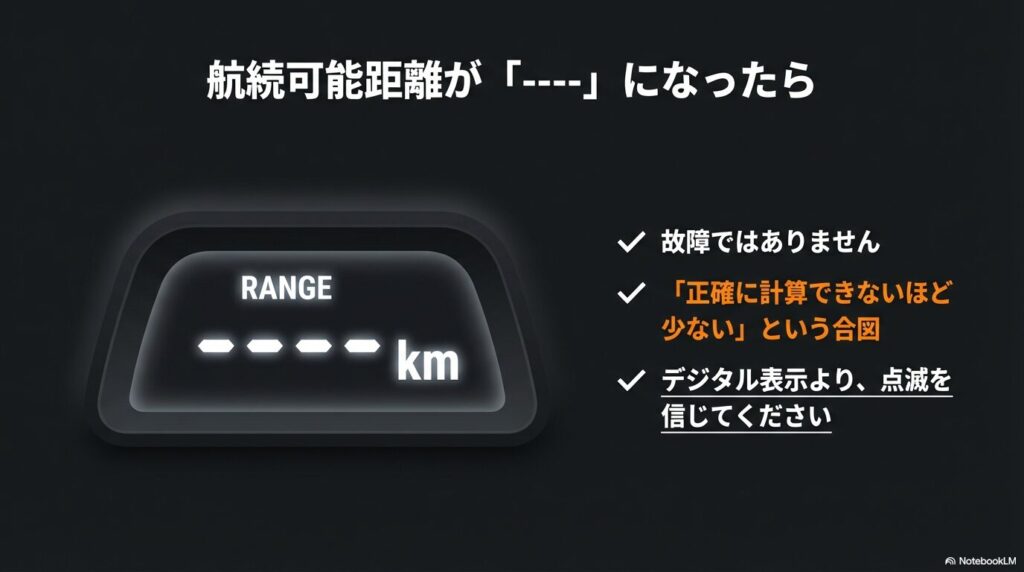 ハスラーのRANGE表示が横線になったのは故障ではなく、残量が正確に計算できないほど少ない合図であることを説明するスライド