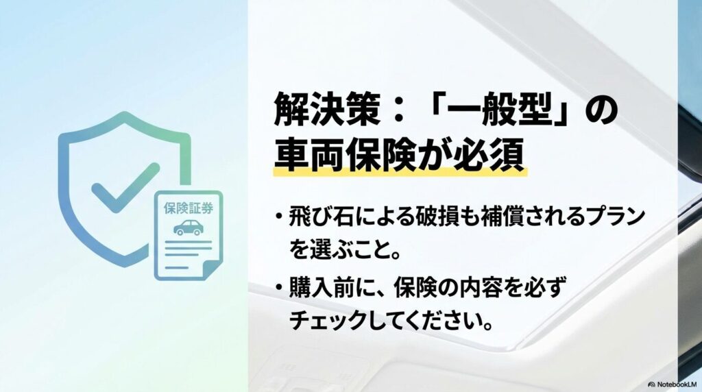 飛び石による破損も補償される「一般型」車両保険の証券イメージ。購入前の保険内容チェックを推奨