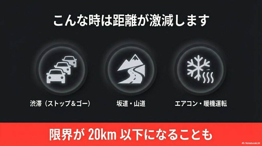 渋滞、坂道、エアコン使用、暖機運転などによりハスラーの限界走行距離が20km以下になるケースがあることを示す注意喚起スライド