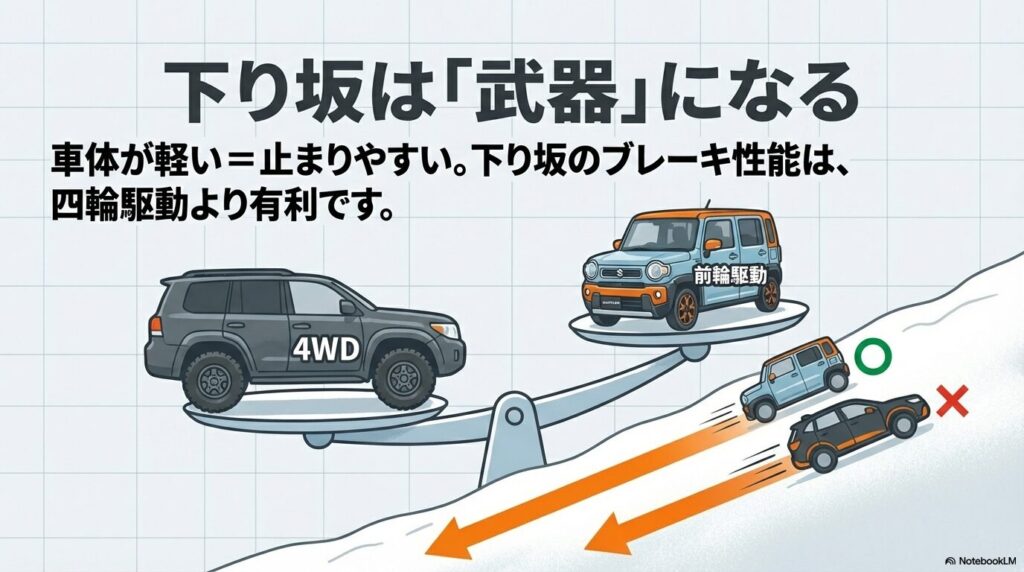 4WDより軽量な2WDモデルが、雪道の下り坂で止まりやすい理由を説明した比較図。