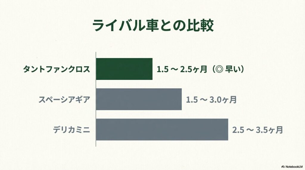 タントファンクロス、スペーシアギア、デリカミニの3車種の納期を比較したグラフ