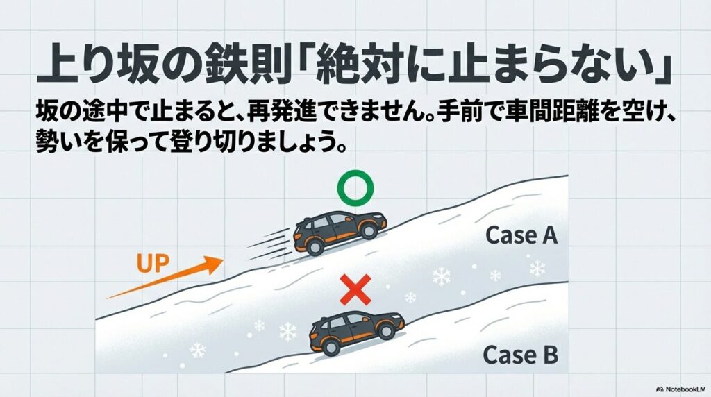 坂の途中で止まらず、勢いを保って登り切るための車間距離と走行ラインの図解。