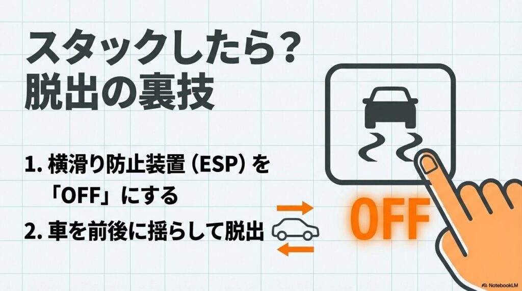 横滑り防止装置（ESP）をオフにし、車を前後に揺らして脱出を図る手順のイラスト。