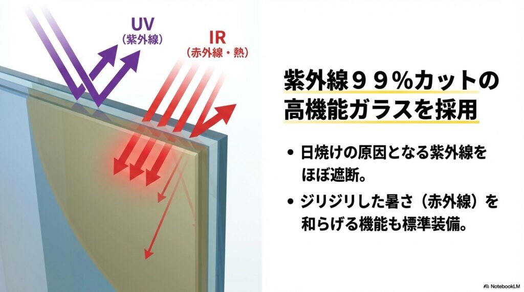タフトのガラスルーフが紫外線を99%カットし、赤外線によるジリジリした暑さを和らげる機能の解説図