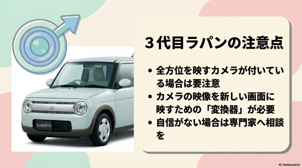 3代目ラパンHE33Sの全方位モニター映像を映すための変換器の必要性と専門家への相談推奨スライド 