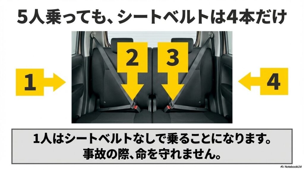 タントの後部座席。シートベルトが2本（全車で4本）しかなく、5人目はベルトなしになる危険性を示す画像