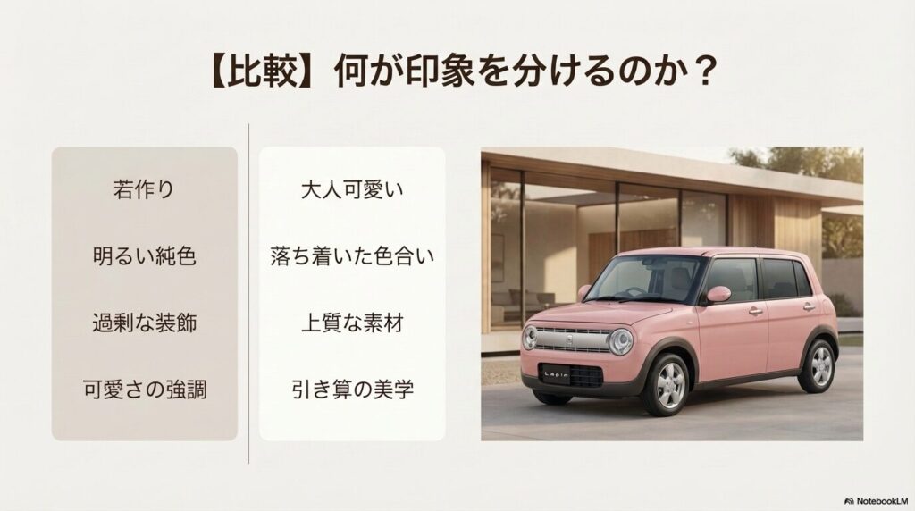 若作り(明るい純色・過剰な装飾)と大人可愛い(落ち着いた色合い・上質な素材)の比較表。引き算の美学を説明する図解。