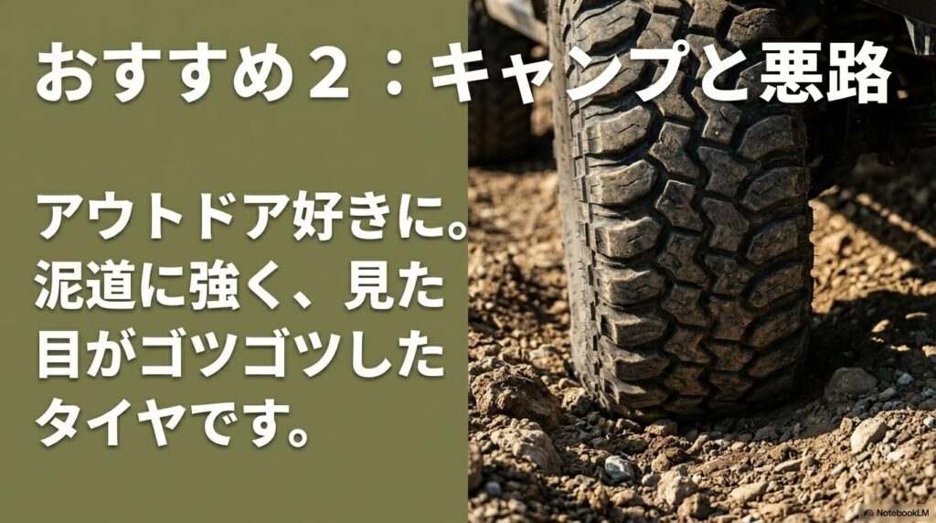 キャンプや悪路走行に適した泥道に強いゴツゴツしたタイヤを説明する資料