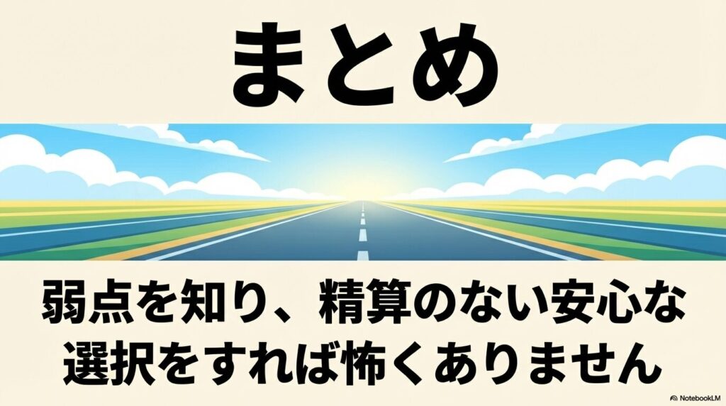 弱点を知り精算のない安心な選択をすれば怖くないという結論のまとめスライド
