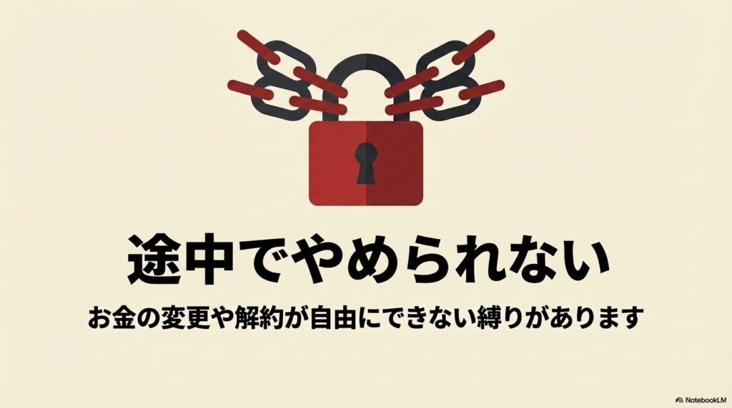 途中でやめられない、お金の変更や解約が自由にできない縛りを表す鍵と鎖のイラスト