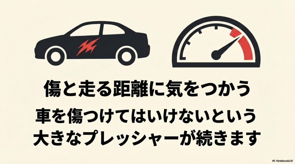 車を傷つけてはいけない、走りすぎてはいけないという精神的プレッシャーの解説スライド
