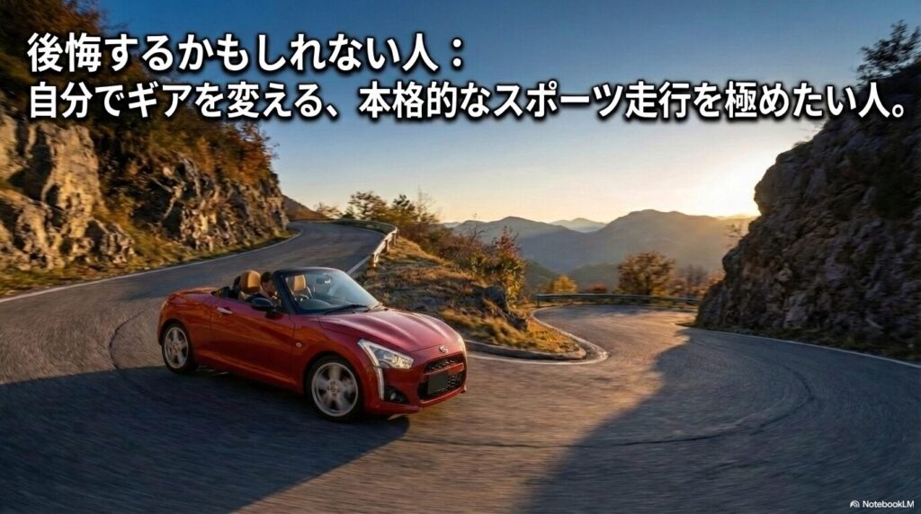 自分でギアを変える本格的なスポーツ走行を重視する人はオートマで後悔する可能性があることを示すスライド