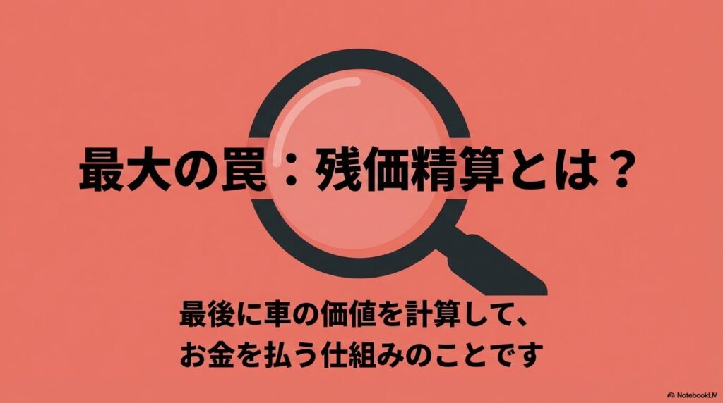 最後に車の価値を計算して差額を支払う残価精算という仕組みの解説スライド