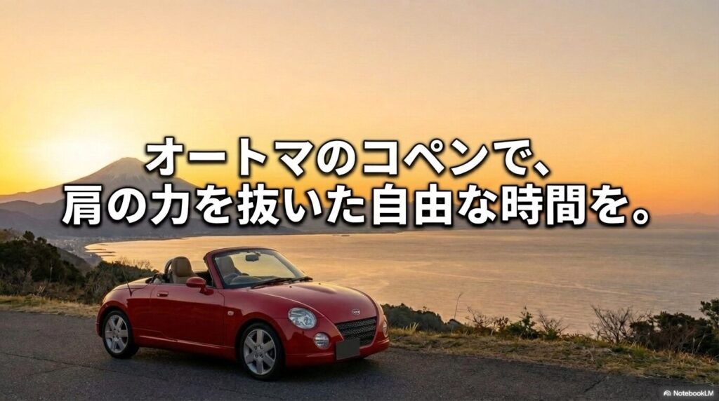オートマのコペンで肩の力を抜いた自由な時間を過ごそうというメッセージスライド