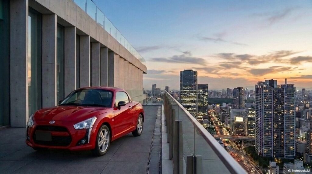 夕暮れ時の都会を見下ろすビルのテラスに停まった赤いダイハツ・コペンの外観