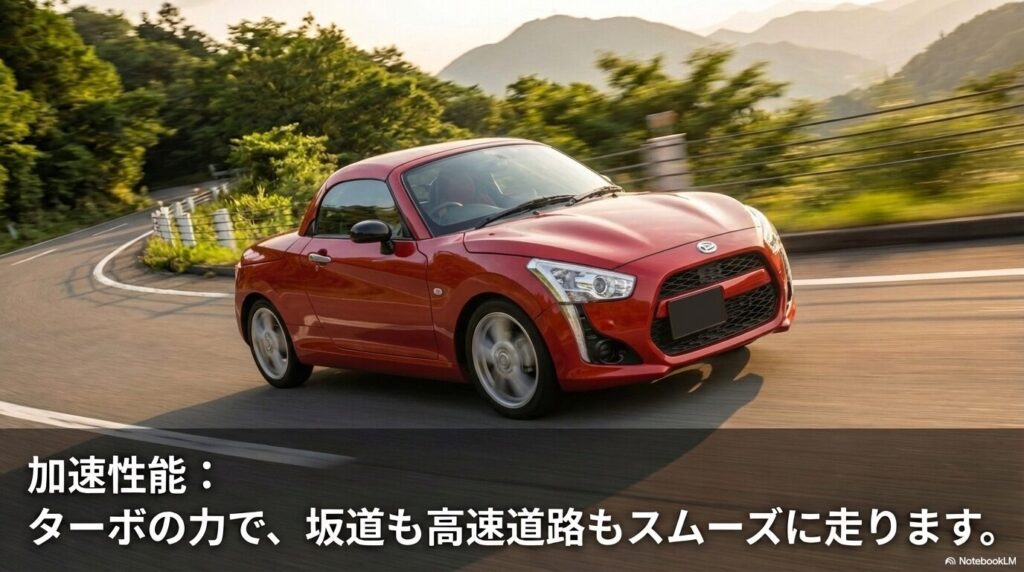 ターボのパワーにより坂道や高速道路でもスムーズに走行できることを説明する画像