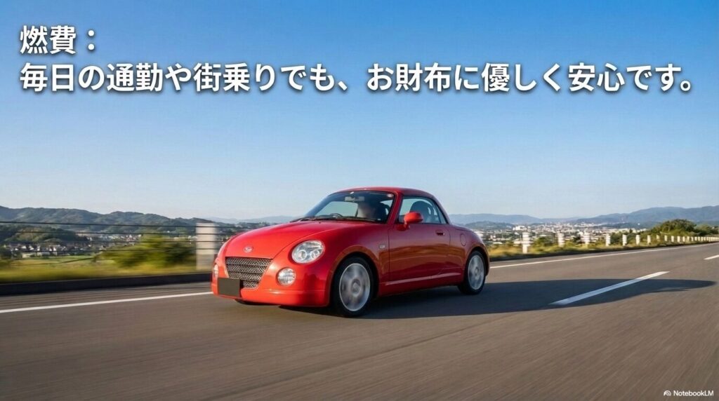 通勤や街乗りでも燃費が良く、お財布に優しいことを伝える安心のスライド画像