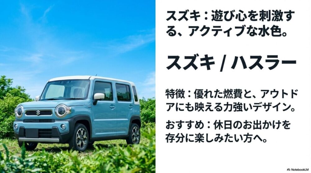 スズキ・ハスラーの水色モデル。遊び心を刺激するアクティブなデザインと燃費の良さを紹介。