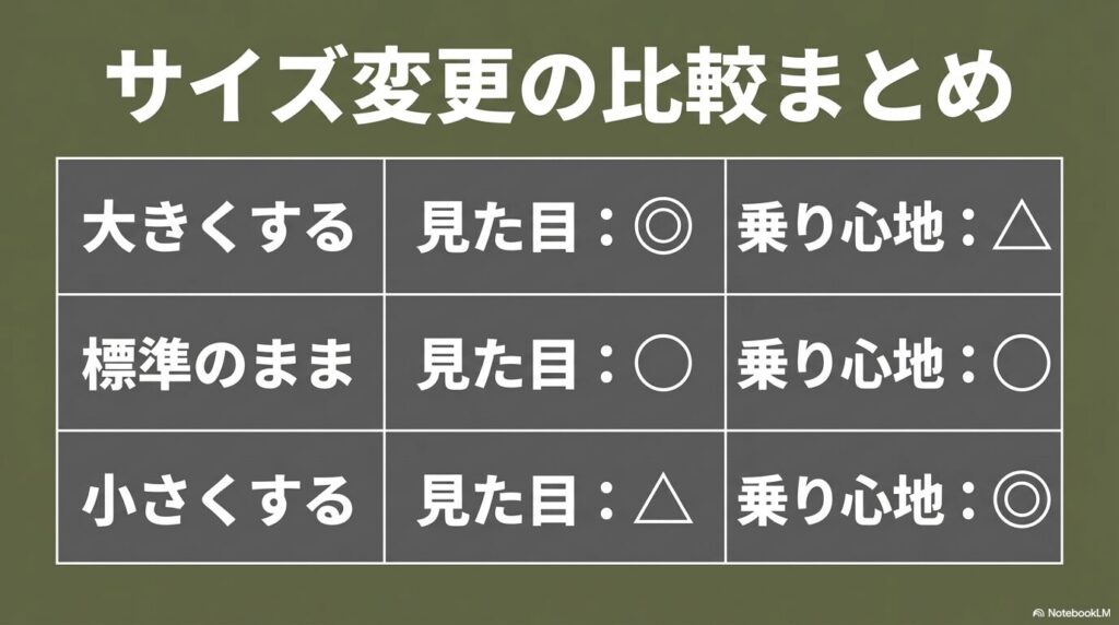 ホイールを大きく・小さくした場合の見た目と乗り心地の変化を比較したまとめ表