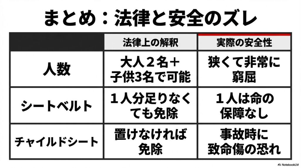 人数、シートベルト、チャイルドシートの3項目について、法律上の解釈と実際の安全性の違いをまとめた比較表