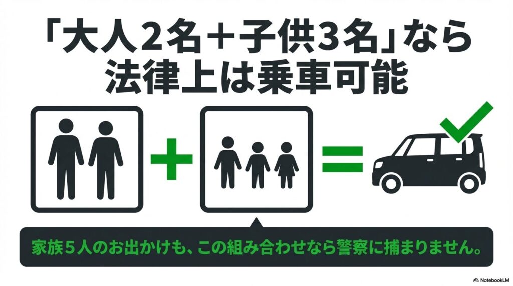 大人2人と子供3人の合計5人でタントに乗車しているイラスト。法律上、警察に捕まらない組み合わせの例 。