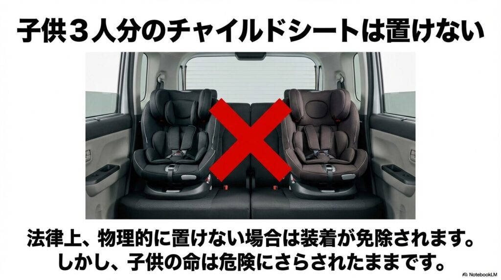 タントの後部座席にチャイルドシートを2台置いた状態。中央に3台目は置けないことを示すバツ印と解説 。