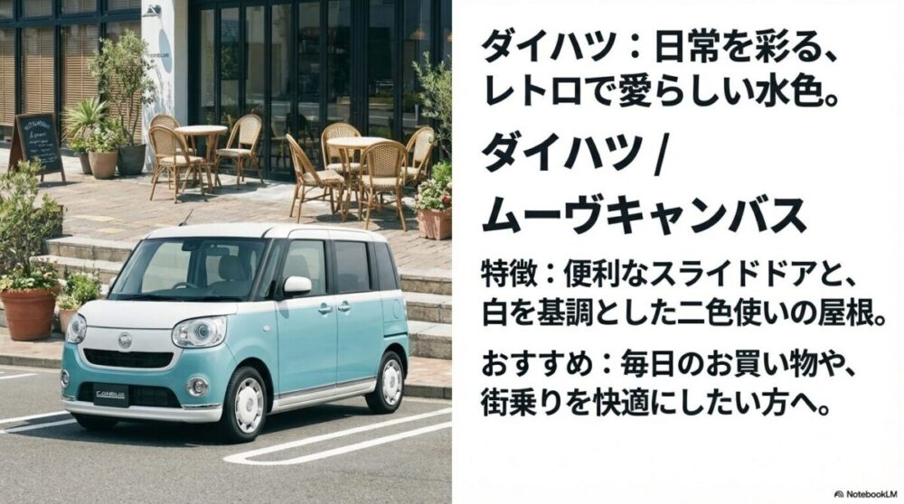 ダイハツ・ムーヴキャンバスの水色と白のツートンカラー。レトロで愛らしいデザインとスライドドアの利便性を紹介。