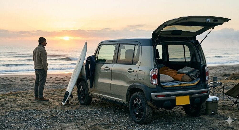 ハスラーで車中泊の準備を整えて早朝の海で波を待っていたりする姿