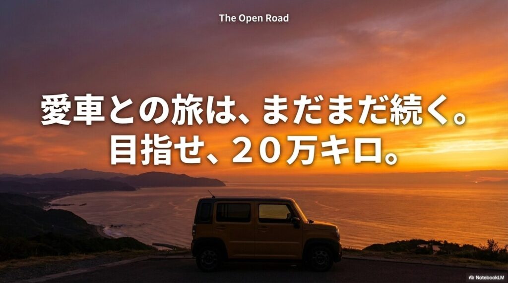 「愛車との旅は、まだまだ続く。目指せ、20万キロ。」という前向きなメッセージが書かれたエンディングスライド