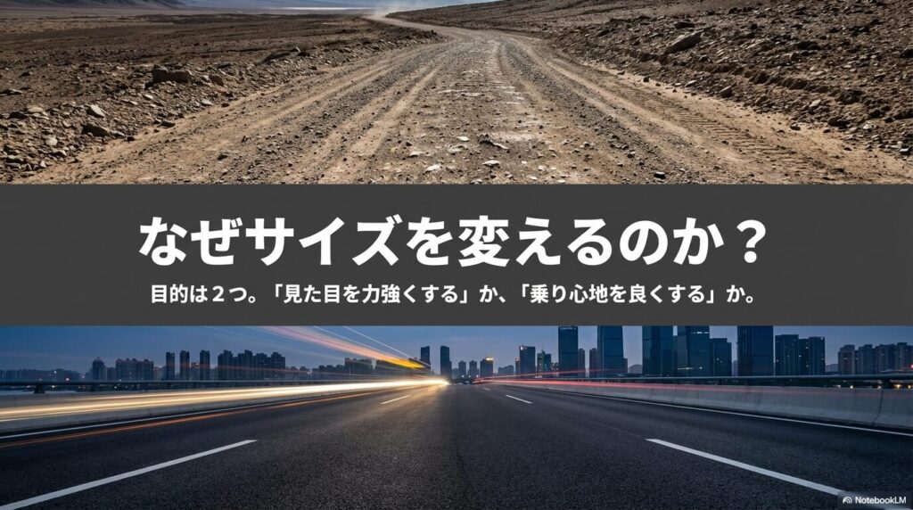 見た目の向上か乗り心地の改善か、タイヤサイズを変える目的を説明する資料