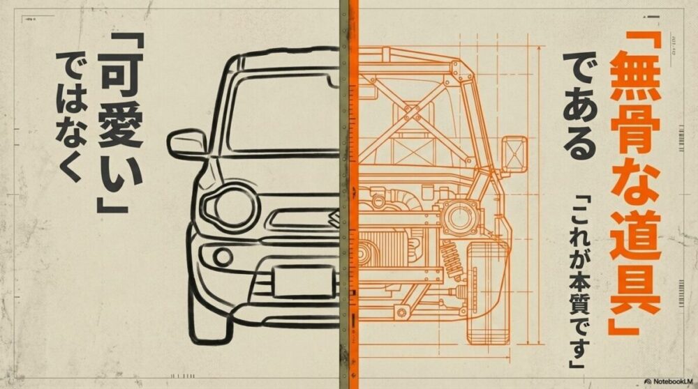 ハスラーは「可愛い」ではなく「無骨な道具」であるという本質を説明する画像。