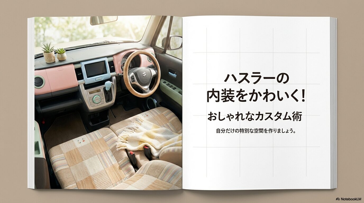 パステルカラーのパーツやウッド調ステアリングでかわいく装飾されたハスラーの内装